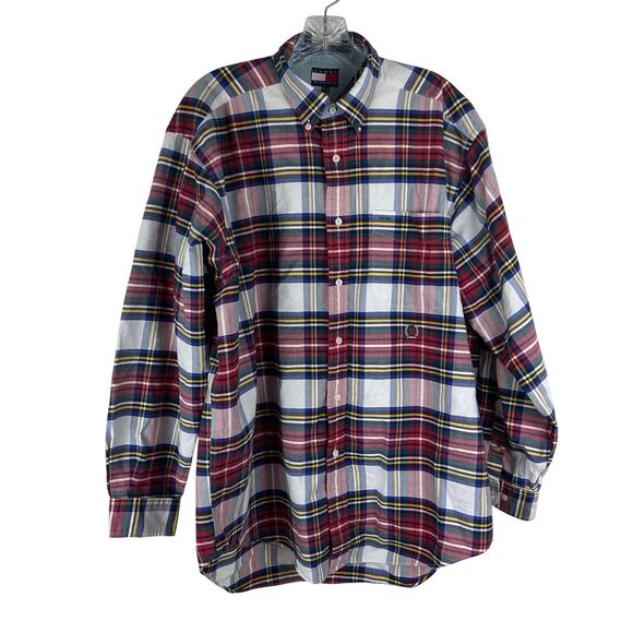Tommy Hilfiger Mens Button Up Shirt Crest Logo Red Plaid Vintage Size Medium Y2K - Picture 1 of 7